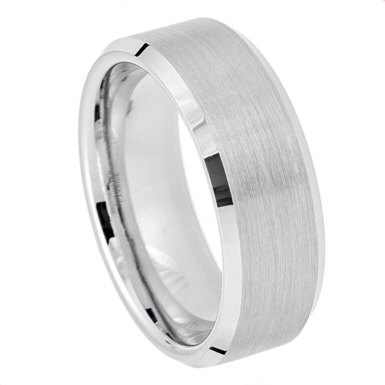 8mm Men's White Tungsten Wedding Band | Brushed Center & Polished Beveled Edge Ring