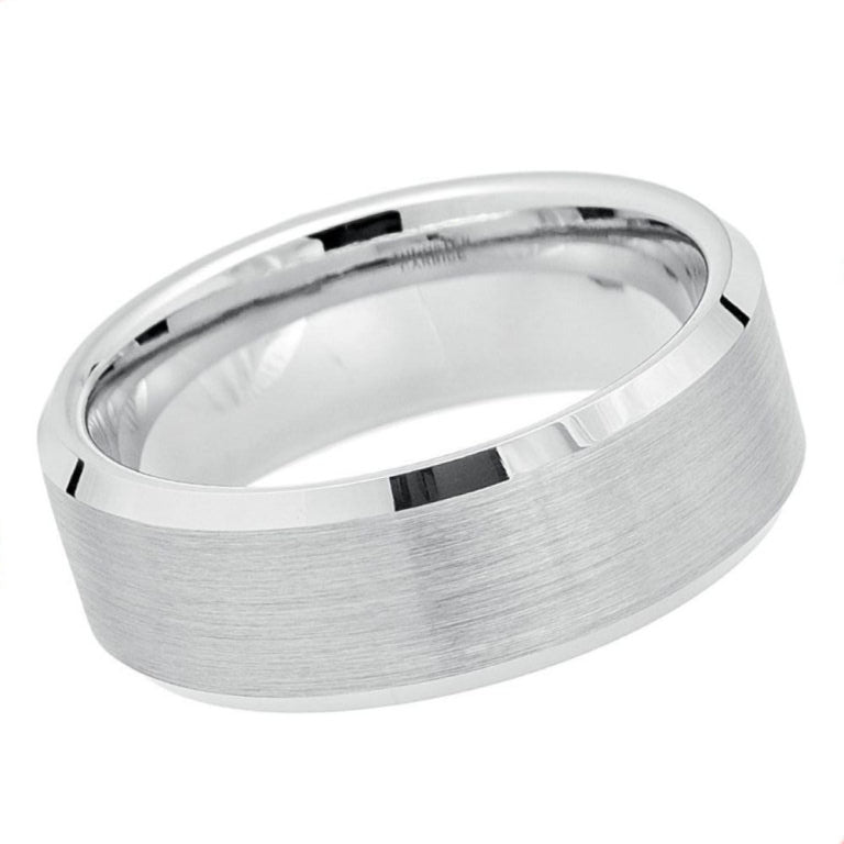 8mm Men's White Tungsten Wedding Band | Brushed Center & Polished Beveled Edge Ring