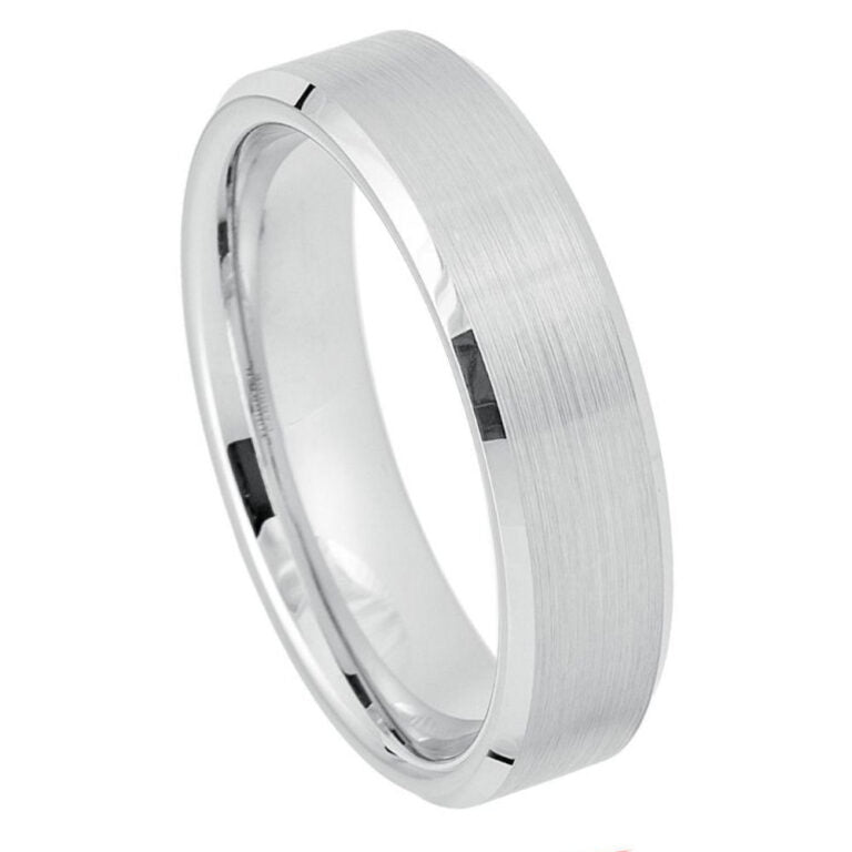 6mm White Tungsten Wedding Band | Slim Brushed Center & Polished Beveled Edges