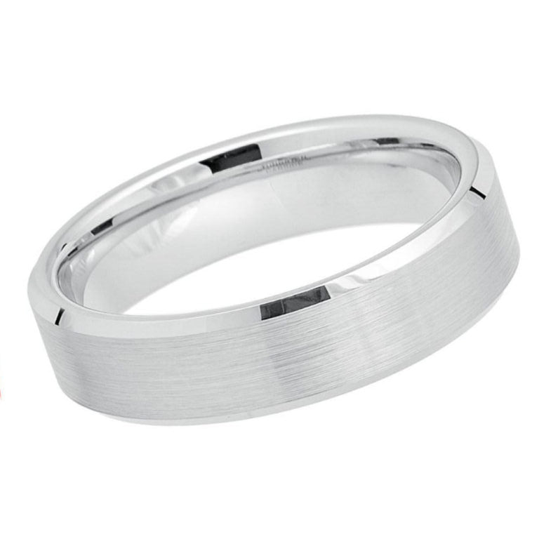 6mm White Tungsten Wedding Band | Slim Brushed Center & Polished Beveled Edges