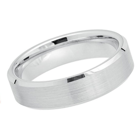 6mm White Tungsten Wedding Band | Slim Brushed Center & Polished Beveled Edges