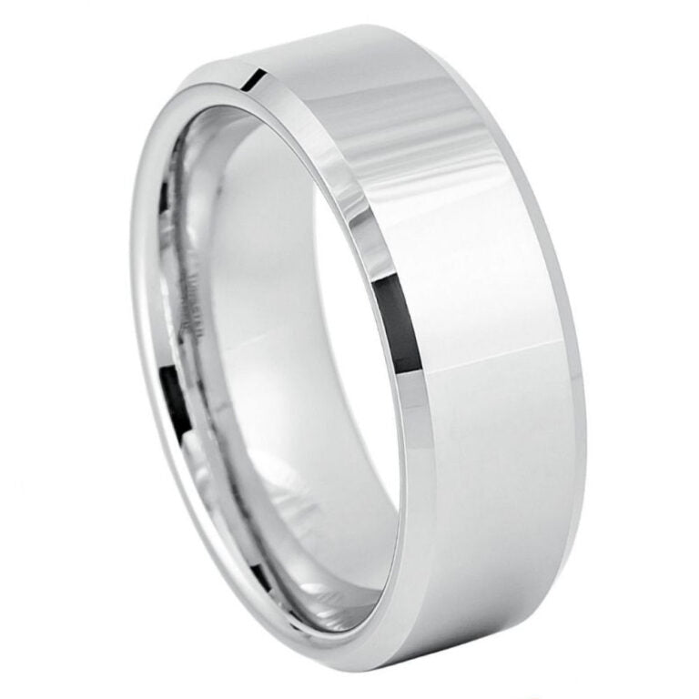 8mm Men's White Tungsten Wedding Band | High-Polish Mirror Finish & Beveled Edges