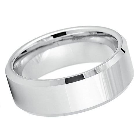 8mm Men's White Tungsten Wedding Band | High-Polish Mirror Finish & Beveled Edges