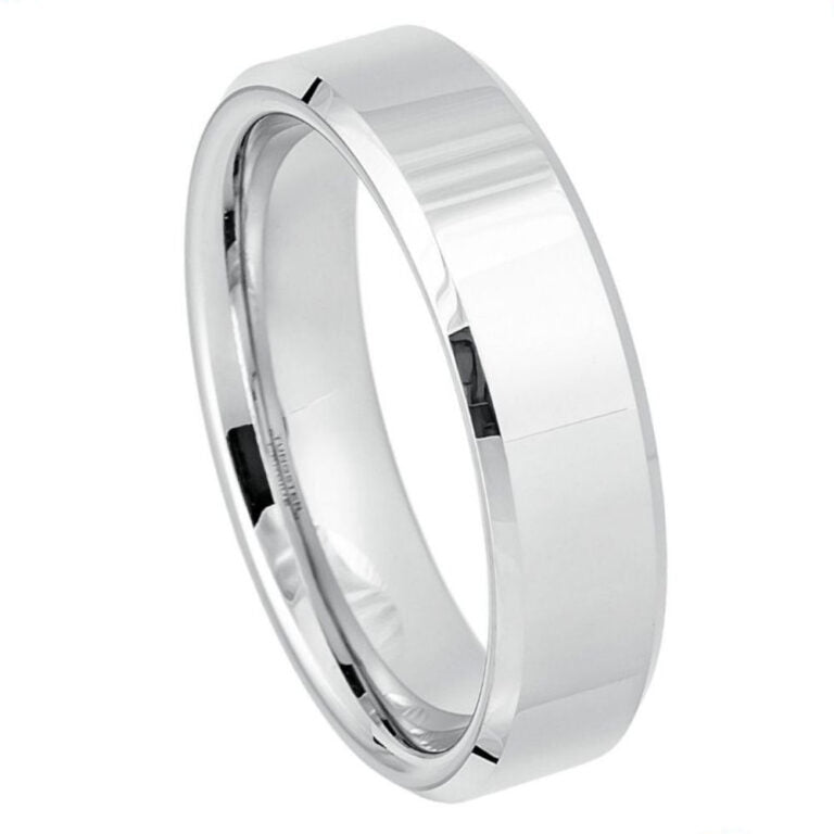6mm Men's White Tungsten Wedding Band | High-Polish Mirror Finish & Beveled Edges