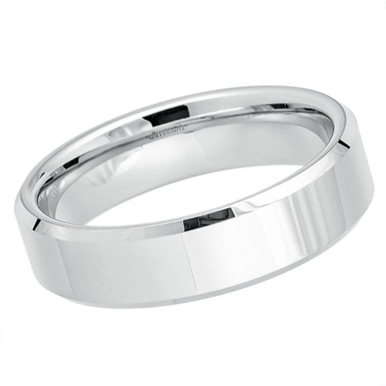 6mm Men's White Tungsten Wedding Band | High-Polish Mirror Finish & Beveled Edges