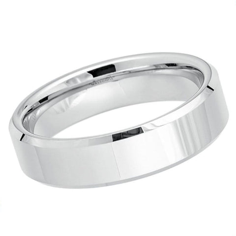 6mm Men's White Tungsten Wedding Band | High-Polish Mirror Finish & Beveled Edges