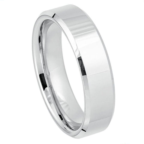 6mm Men's White Tungsten Wedding Band | High-Polish Mirror Finish & Beveled Edges