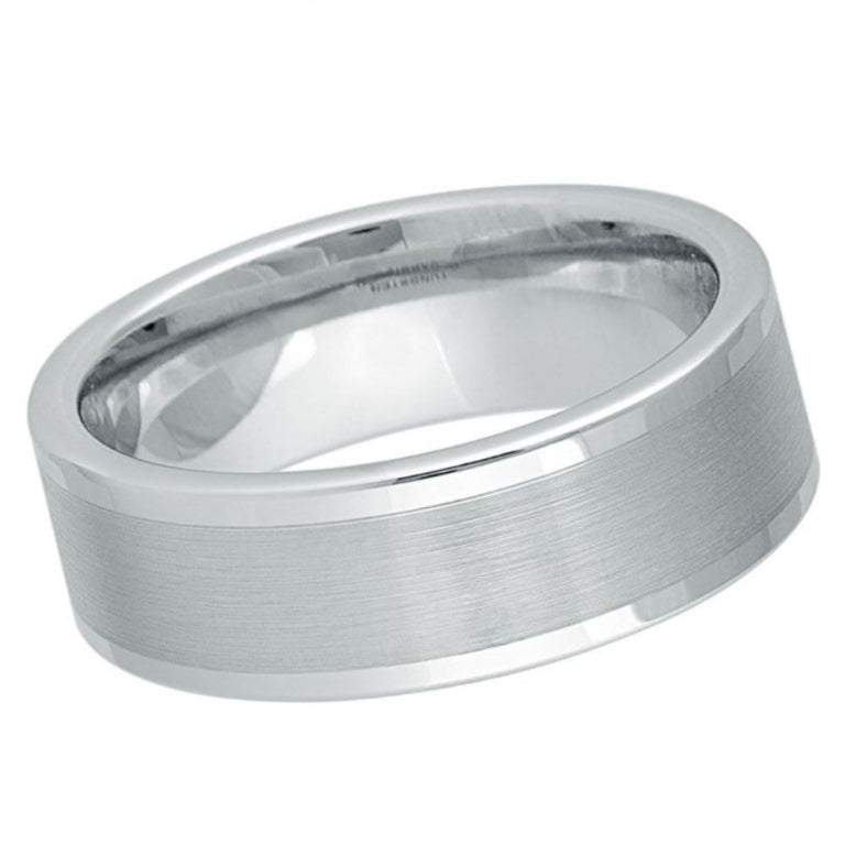 8mm Men's White Tungsten Wedding Band | Brushed Matte Center & Polished Beveled Edges