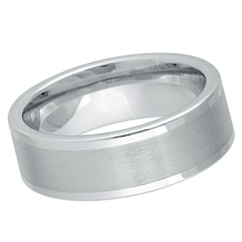 8mm Men's White Tungsten Wedding Band | Brushed Matte Center & Polished Beveled Edges