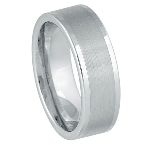 8mm Men's White Tungsten Wedding Band | Brushed Matte Center & Polished Beveled Edges