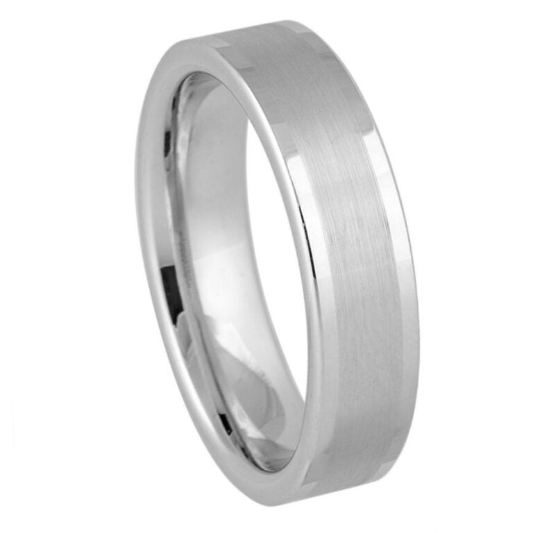6mm Men's White Tungsten Wedding Band | Slim Brushed Center & Polished Beveled Edges