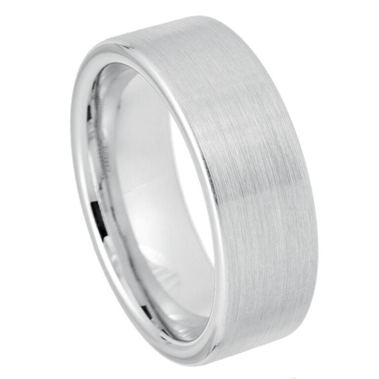 8mm Men's White Tungsten Wedding Band | Flat Brushed Matte Finish & Polished Pipe Cut Design