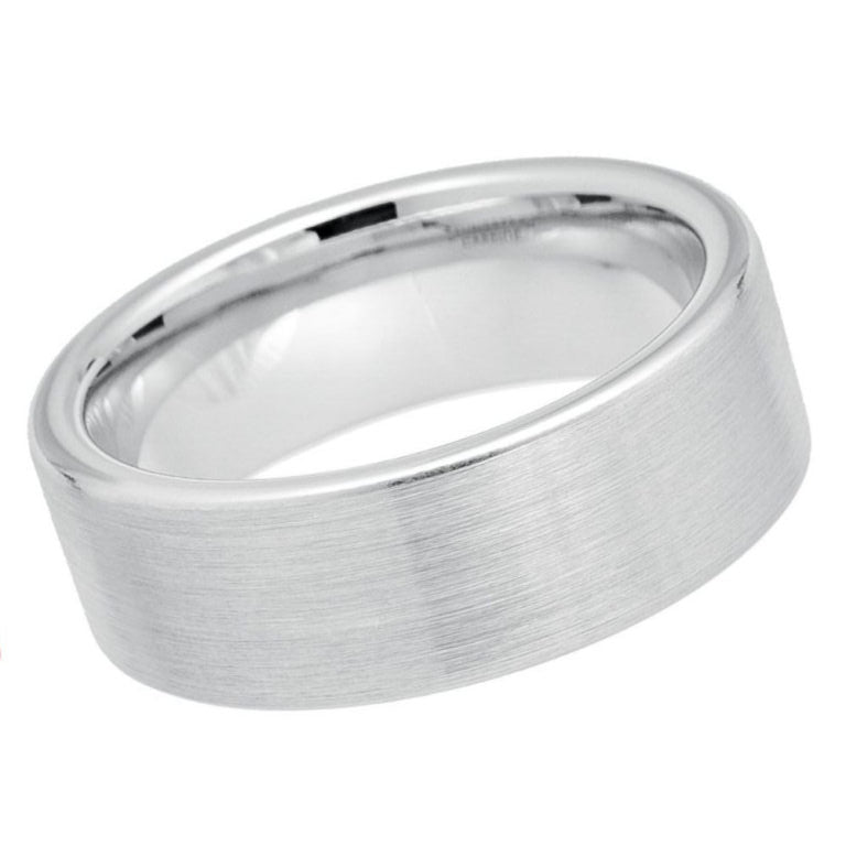 8mm Men's White Tungsten Wedding Band | Flat Brushed Matte Finish & Polished Pipe Cut Design