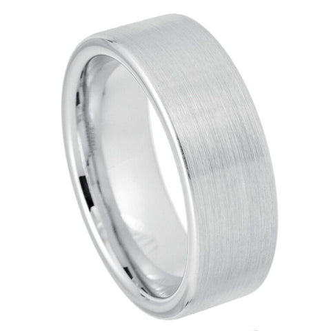 8mm Men's White Tungsten Wedding Band | Flat Brushed Matte Finish & Polished Pipe Cut Design