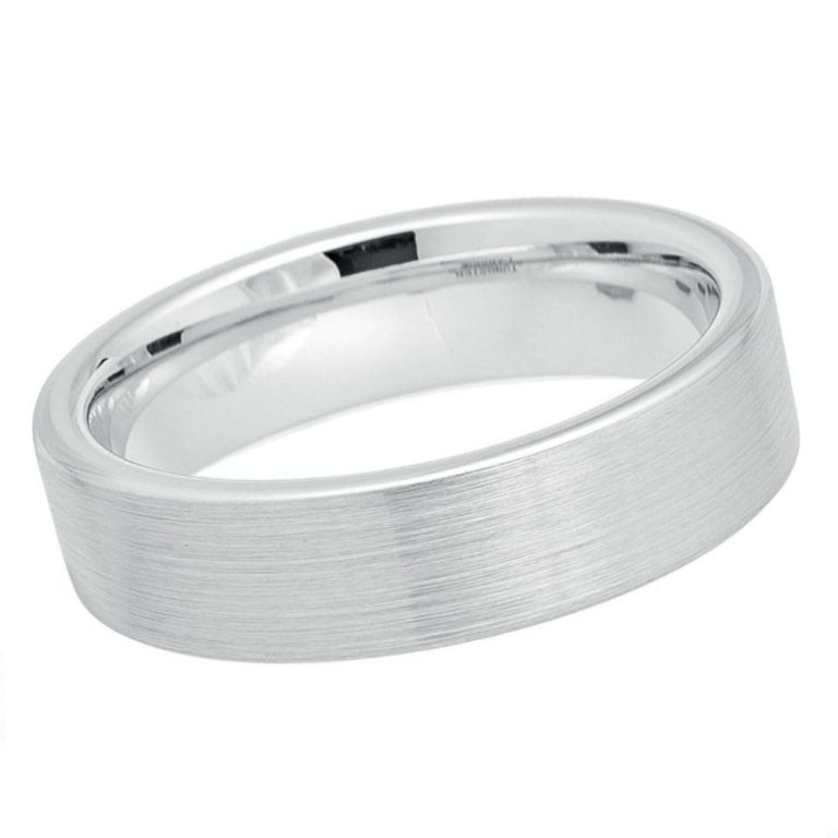 6mm Men's White Tungsten Wedding Band | Slim Flat Brushed Finish & Polished Pipe Cut Edges