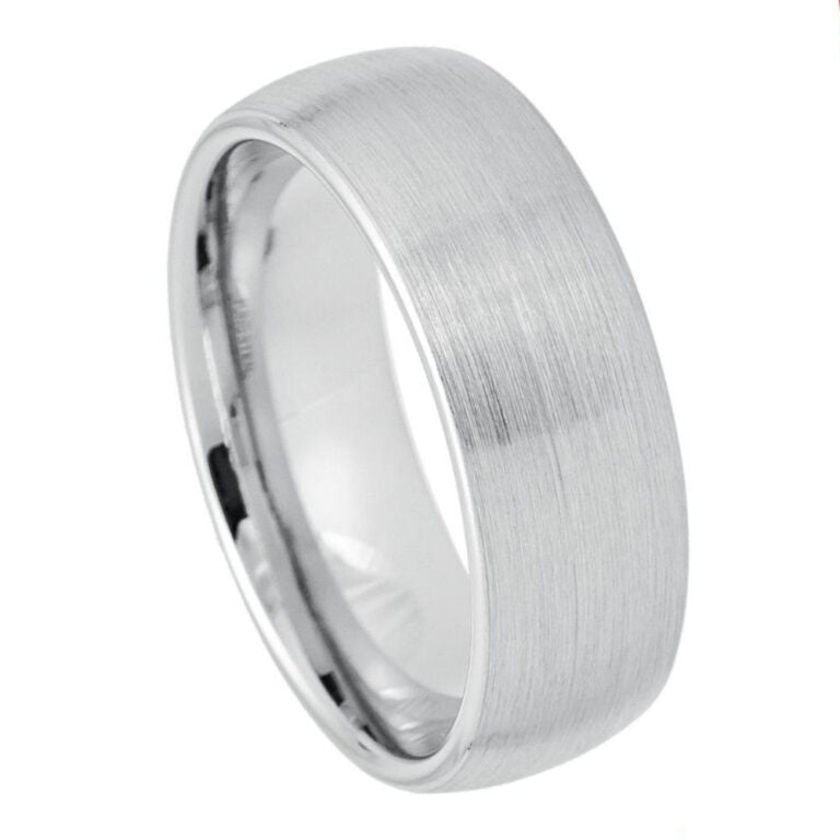 8mm Men's White Tungsten Wedding Band | Domed Brushed Matte Finish & Polished Stepped Edges