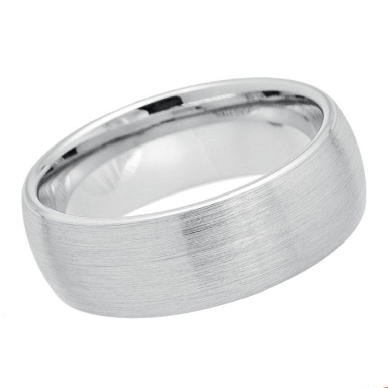 8mm Men's White Tungsten Wedding Band | Domed Brushed Matte Finish & Polished Stepped Edges