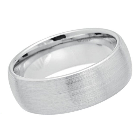 8mm Men's White Tungsten Wedding Band | Domed Brushed Matte Finish & Polished Stepped Edges