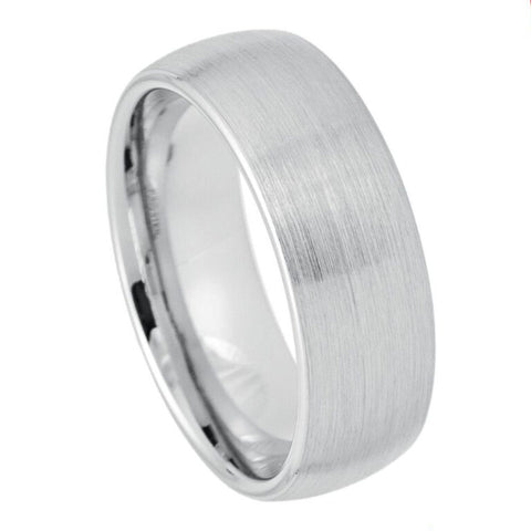 8mm Men's White Tungsten Wedding Band | Domed Brushed Matte Finish & Polished Stepped Edges