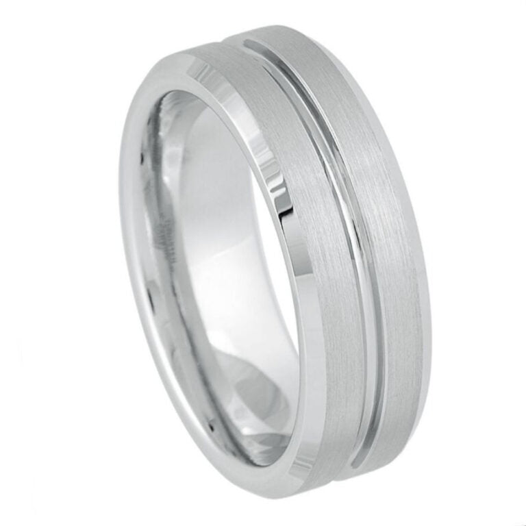 8mm Brushed White Tungsten Wedding Band - Men's Center Groove Ring with Polished Beveled Edges