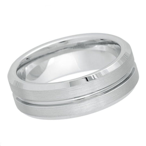 8mm Brushed White Tungsten Wedding Band - Men's Center Groove Ring with Polished Beveled Edges