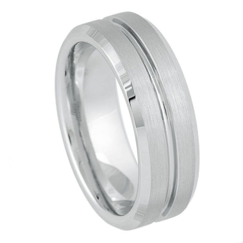 8mm Brushed White Tungsten Wedding Band - Men's Center Groove Ring with Polished Beveled Edges