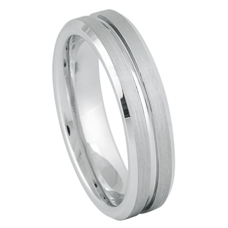 6mm Brushed White Tungsten Wedding Band - Slim Grooved Men's Ring with Beveled Edges