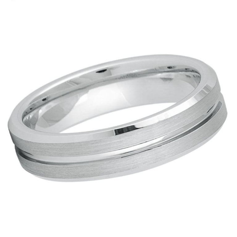 6mm Brushed White Tungsten Wedding Band - Slim Grooved Men's Ring with Beveled Edges