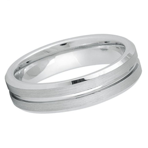 6mm Brushed White Tungsten Wedding Band - Slim Grooved Men's Ring with Beveled Edges