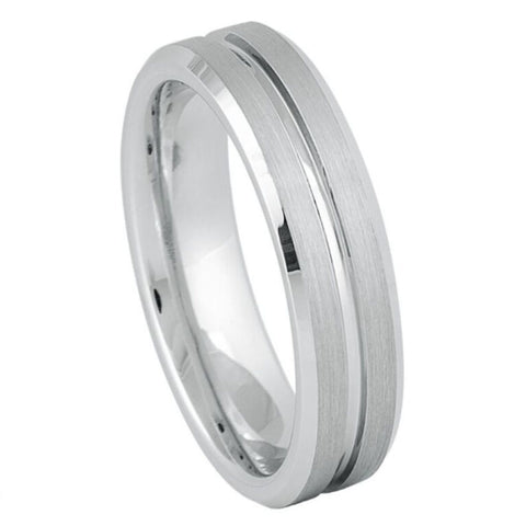 6mm Brushed White Tungsten Wedding Band - Slim Grooved Men's Ring with Beveled Edges