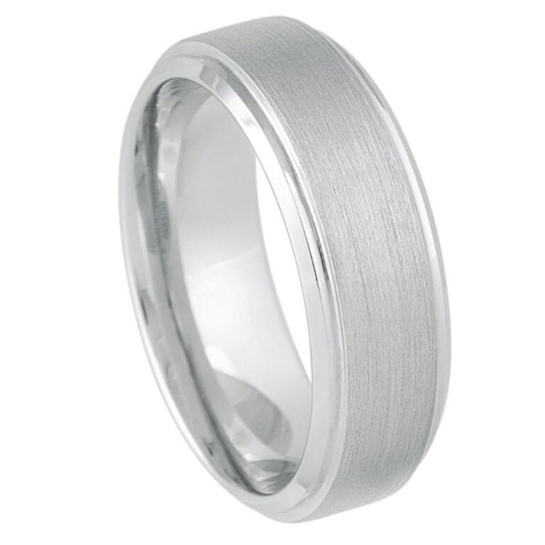 8mm Men’s Tungsten Carbide Wedding Band – Brushed White Tungsten Ring with Polished Beveled Edges – Comfort Fit