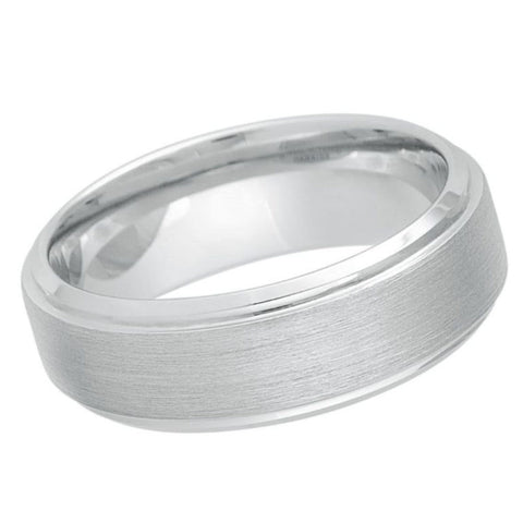 8mm Men’s Tungsten Carbide Wedding Band – Brushed White Tungsten Ring with Polished Beveled Edges – Comfort Fit