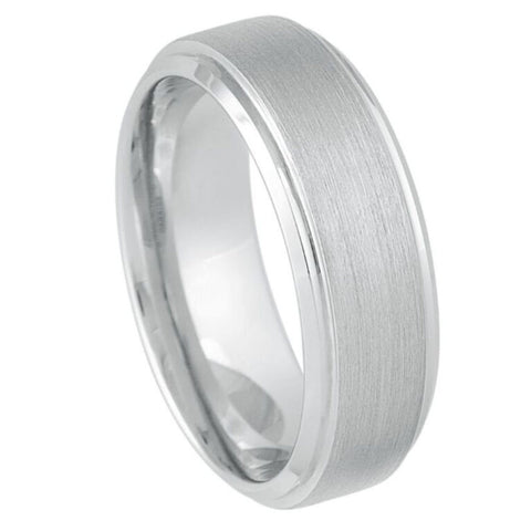 8mm Men’s Tungsten Carbide Wedding Band – Brushed White Tungsten Ring with Polished Beveled Edges – Comfort Fit