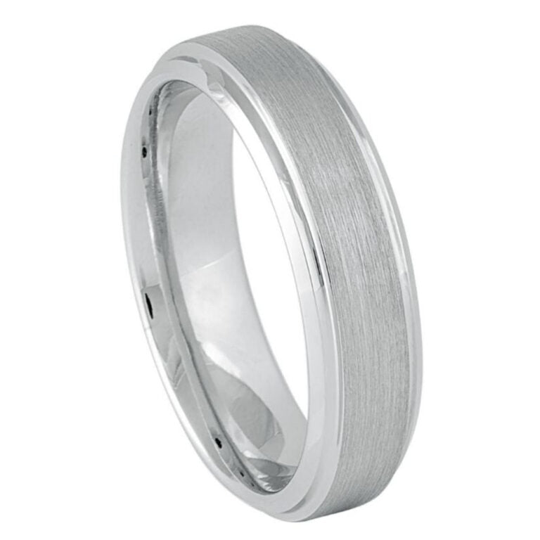 6mm Men’s White Tungsten Wedding Band – Brushed Matte Finish with Polished Beveled Edges – Comfort Fit Carbide Ring