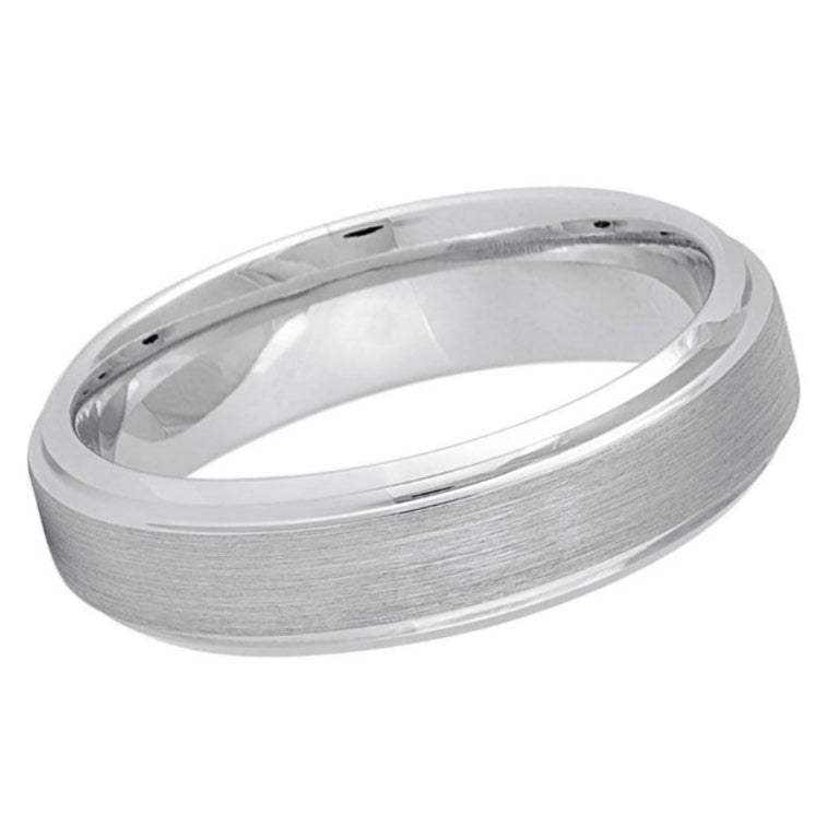 6mm Men’s White Tungsten Wedding Band – Brushed Matte Finish with Polished Beveled Edges – Comfort Fit Carbide Ring
