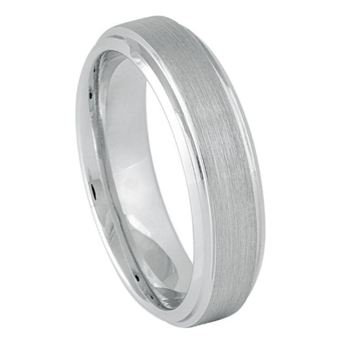 6mm Men’s White Tungsten Wedding Band – Brushed Matte Finish with Polished Beveled Edges – Comfort Fit Carbide Ring