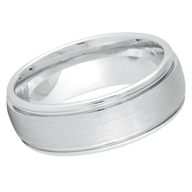 8mm Men’s White Tungsten Wedding Band – Brushed Matte Finish with Double Grooved Step Edges – Comfort Fit Carbide Ring