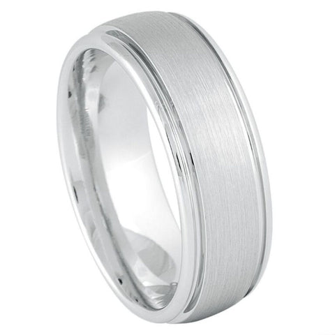 8mm Men’s White Tungsten Wedding Band – Brushed Matte Finish with Double Grooved Step Edges – Comfort Fit Carbide Ring
