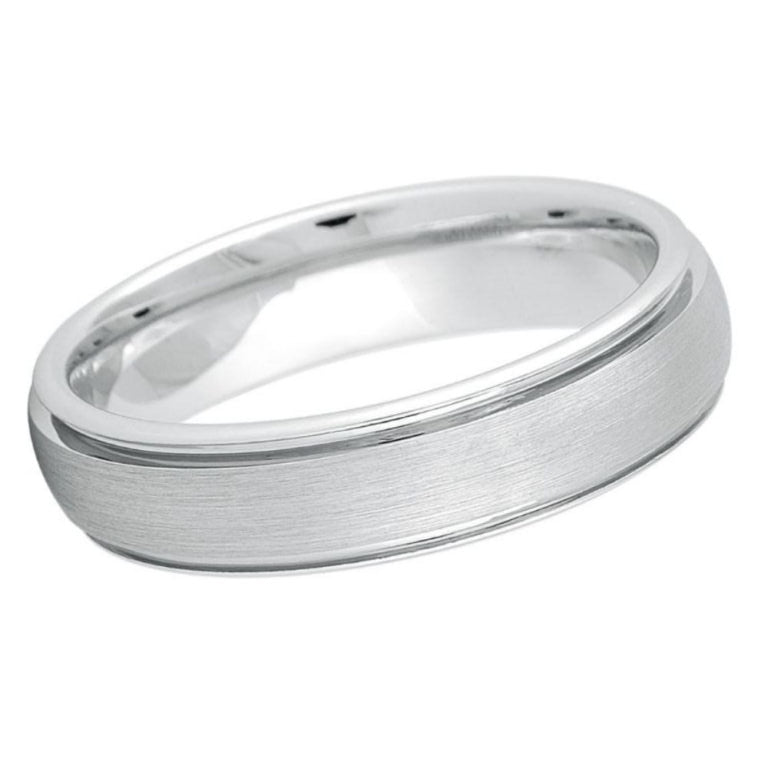 6mm White Tungsten Wedding Band – Brushed Matte Finish with Double Grooved Step Edges – Slim Comfort Fit Tungsten Carbide Ring