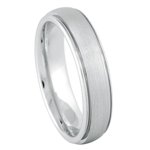6mm White Tungsten Wedding Band – Brushed Matte Finish with Double Grooved Step Edges – Slim Comfort Fit Tungsten Carbide Ring