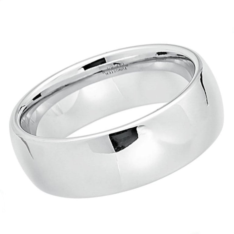8mm Classic Domed Men’s White Tungsten Wedding Band – High Polish Mirror Finish – Comfort Fit Tungsten Carbide Ring