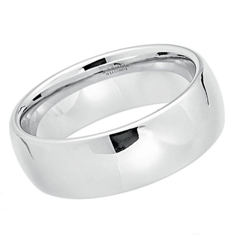 8mm Classic Domed Men’s White Tungsten Wedding Band – High Polish Mirror Finish – Comfort Fit Tungsten Carbide Ring