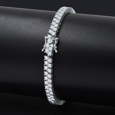925 Sterling Silver Double Row Tennis Bracelet – 3mm White Gold Plated 2-Row CZ Ice Chain