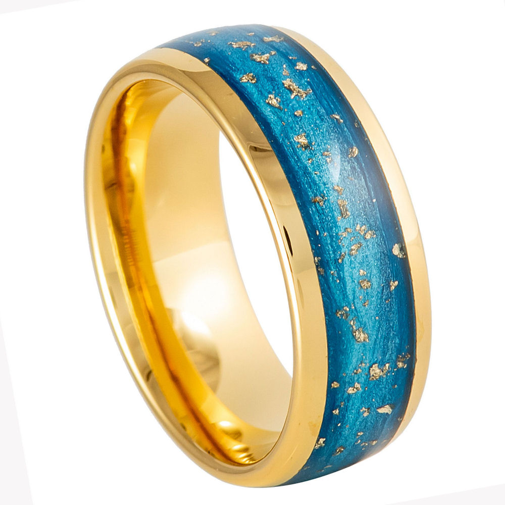 8mm Yellow Gold Tungsten Carbide Wedding Band with Blue Green Sand & Gold Foil Inlay – Comfort Fit