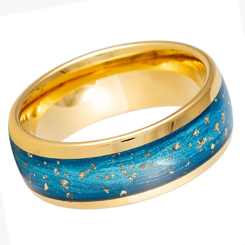 8mm Yellow Gold Tungsten Carbide Wedding Band with Blue Green Sand & Gold Foil Inlay – Comfort Fit