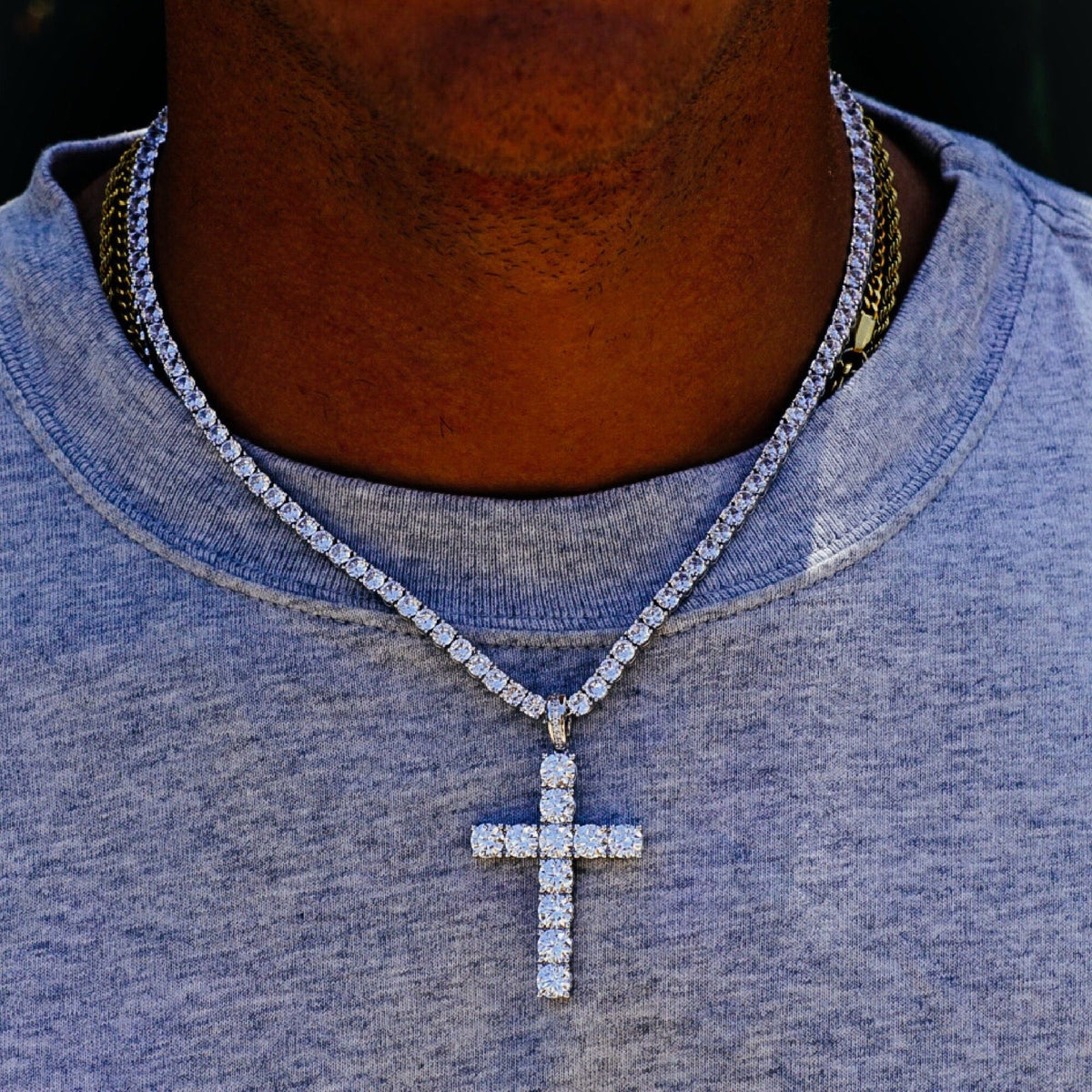 4MM CZ Tennis Chain & Cross Pendant Bundle – Iced Out White Gold Necklace Set for Men