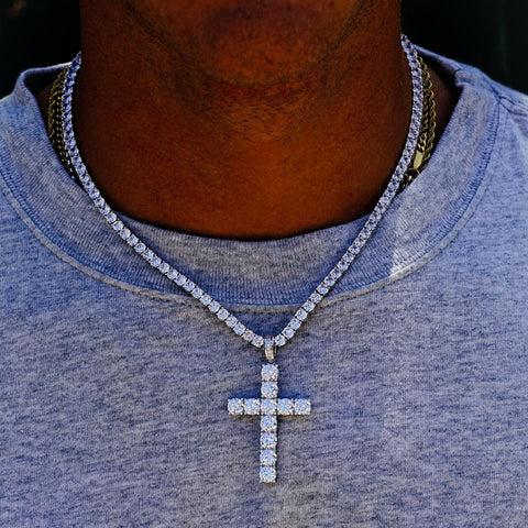 3MM CZ Tennis Chain & Cross Pendant Bundle – Iced Out White Gold Necklace Set for Men