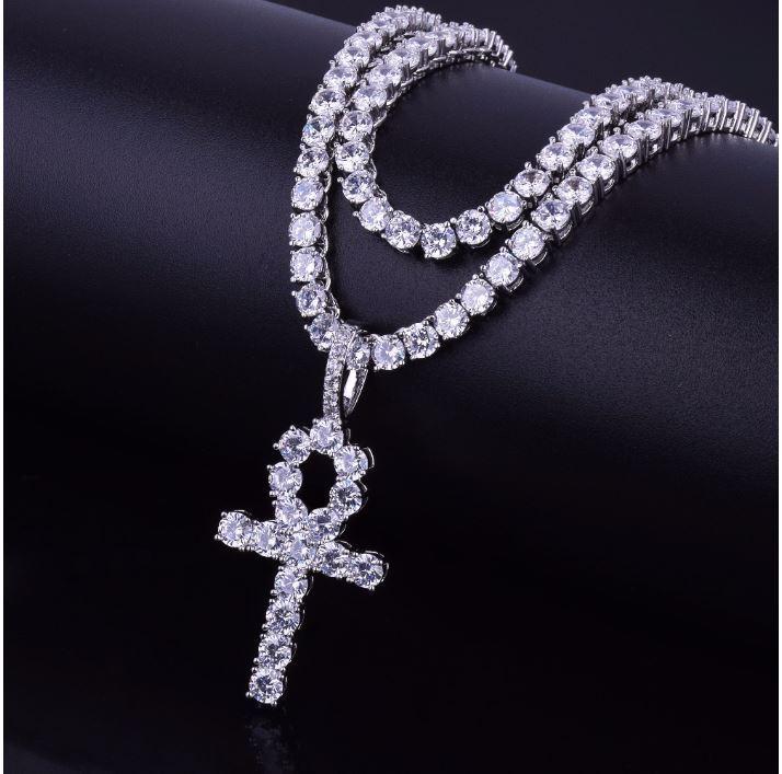3MM CZ Tennis Chain & Ankh Cross Pendant Bundle – Iced Out White Gold Necklace Set for Men & Women