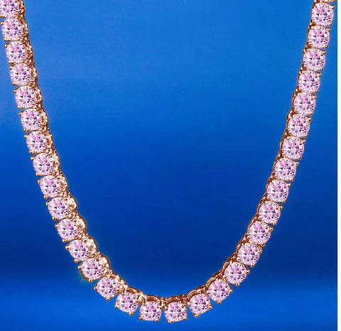 Rose Gold Plated 4mm Pink Tennis Necklace – 925 Sterling Silver Round Cut Iced Choker Chain