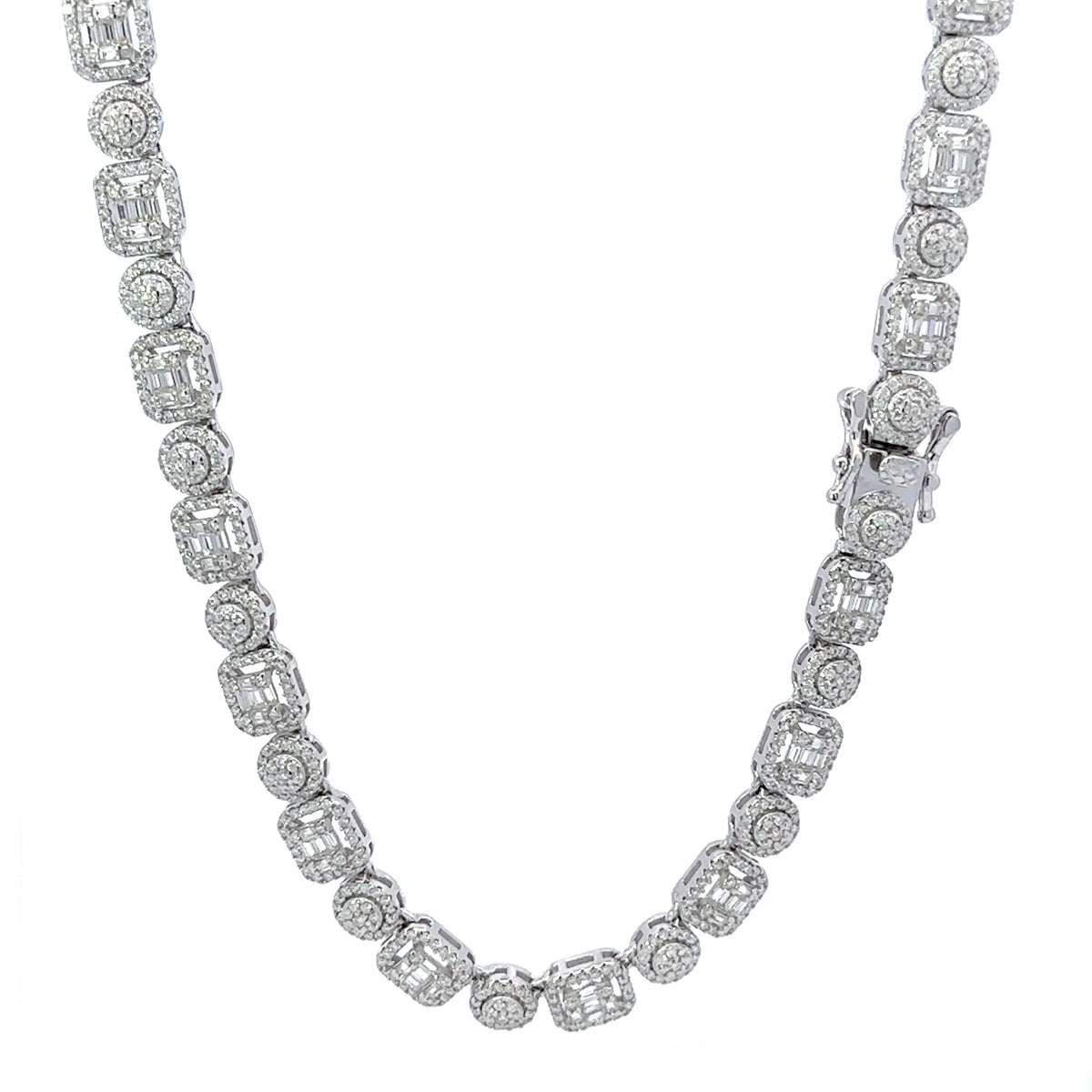 Riven 7mm Alternating Baguette & Round Moissanite Tennis Necklace - 925 Silver Rhodium Chain